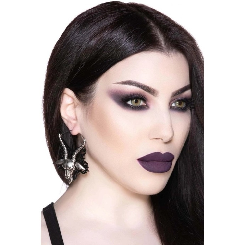 Killstar Ave Satana Hoop Earrings Baphomet Pentagram Gothic Silver Black Occult